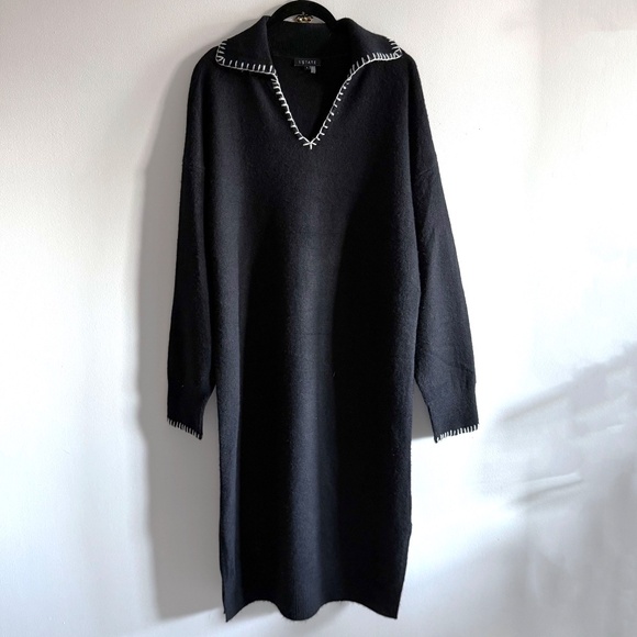 NWT 1.STATE Whipstitch Sweater Dress L Black Collared Knit Midi Preppy Winter - Picture 4 of 11